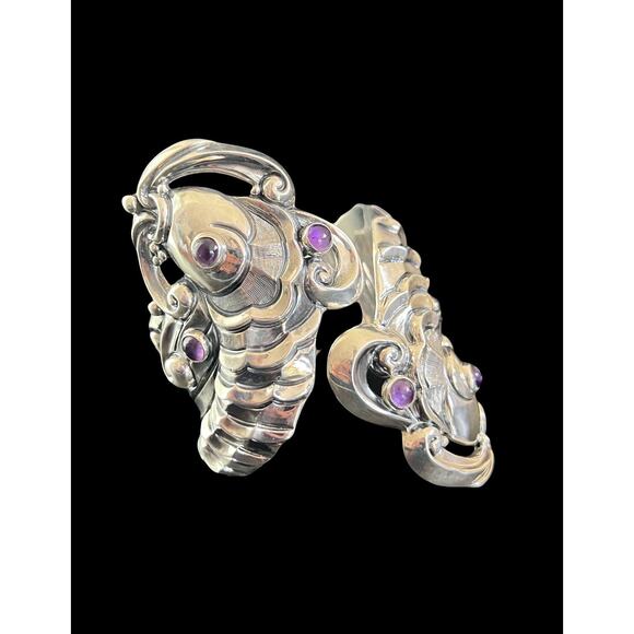Margot De Taxco Mexico Sterling Silver Amethyst Koi Fish Clamper Bracelet #5207 - Picture 3 of 13